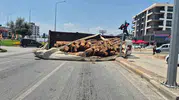 Antalya Kepez’de tomruk yüklü kamyon kavşakta devrildi