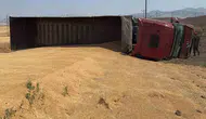 Kozluk yolunda buğday taşıyan araç devrildi