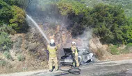 Karaburun yolunda yanan otomobil ormanı teyakkuza geçirdi
