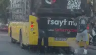 Pendik trafiğinde patenle otobüse tutunarak tehlikeli yolculuk