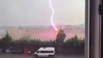 Tekirdağ Kumbağ'da yıldırım düşen palmiye ağacı alev topuna döndü