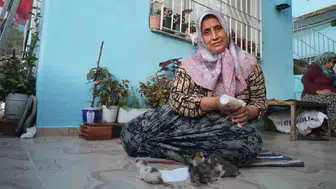 Hataylı Fatma Hanım yetim kalan beş yavru kediye annelik yapıyor