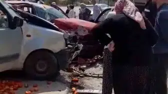 Domatesler yola saçıldı, sürücü sıkıştığı yerden çıkarıldı