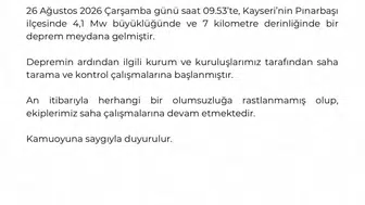 Kayseri Pınarbaşı'nda 4,1 büyüklüğünde deprem, ekipler sahada