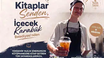 Karabük'te kitap bağışına içecek ikramı Yenişehir Yazlık Sineması kütüphanesi zenginleşiyor