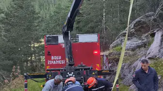 Bolu'da 50 metrelik uçurumda mahsur kalan inek vinçle kurtarıldı