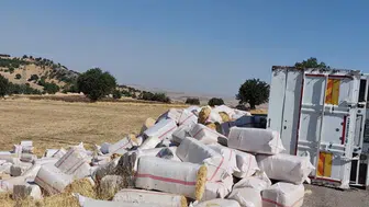 Çermik'te saman yüklü kamyon devrildi, yaralanan yok