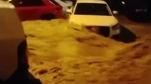 Karasu'da kabus dolu anlar: Park halindeki araçlar sel sularına teslim oldu