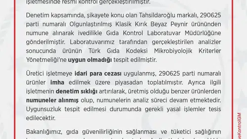 Tahsildaroğlu beyaz peynirleri sağlık standartlarına uymadığı gerekçesiyle raflardan toplatılıyor