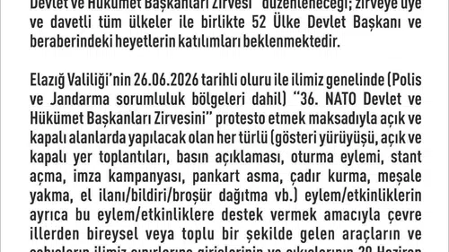 Elazığ’da NATO zirvesi nedeniyle iki haftalık yasak kararı