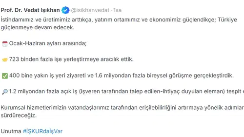 Bakanlıktan yılın ilk yarısında 723 bin kişilik istihdam verisi