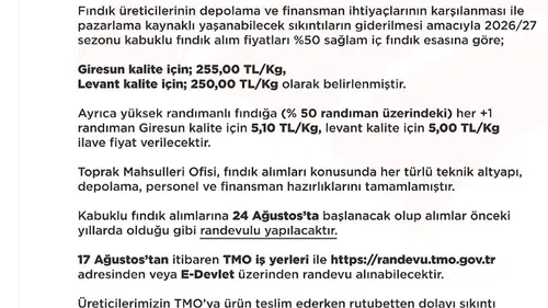TMO yeni sezon fındık alım fiyatlarını duyurdu
