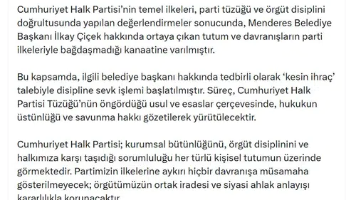 CHP Menderes Belediye Başkanı İlkay Çiçek hakkında ihraç kararı aldı