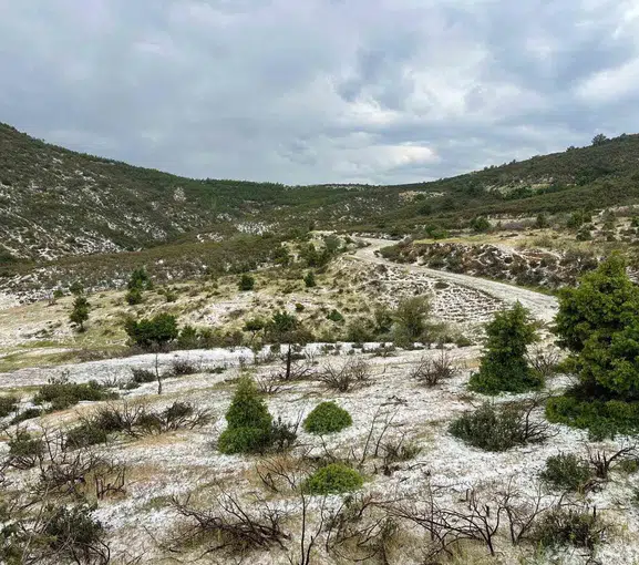 Uşak’ta öğle saatlerinde aniden bastıran dolu her yeri beyaza boyadı