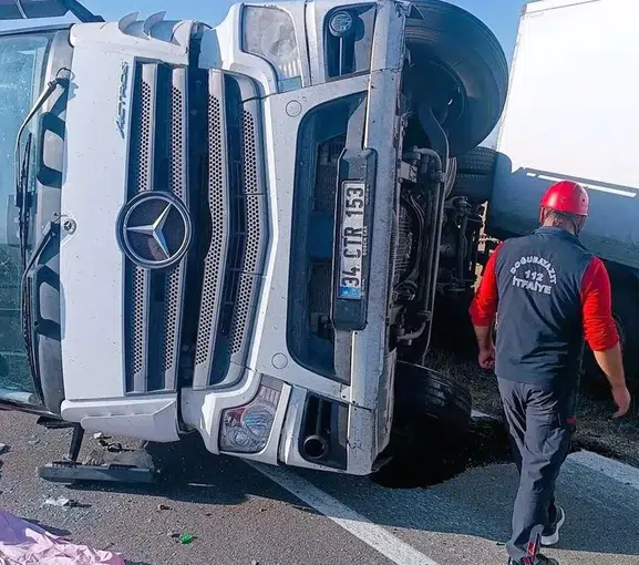 Iğdır'da aniden yola fırlayan eşek faciaya davetiye çıkardı: Kamyon devrildi