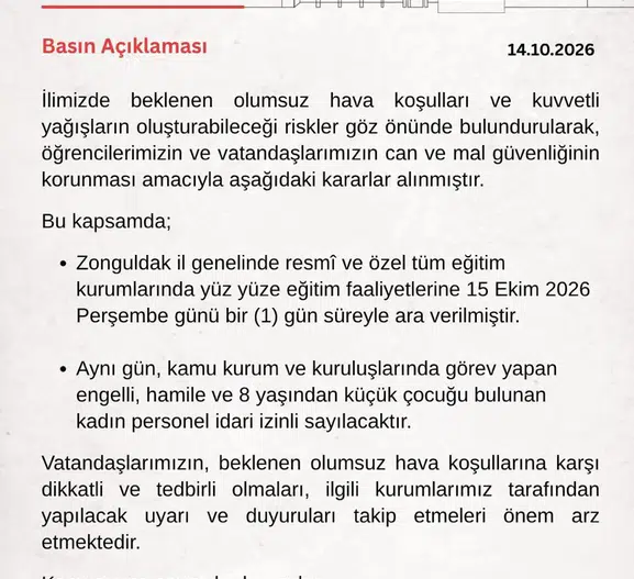 Zonguldak'ta meteorolojik alarm: Okullar tatil edildi