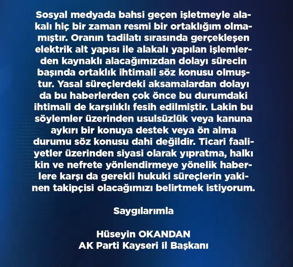AK Parti Kayseri İl Başkanı Okandan'dan ticari iddialara sert yanıt: Asılsız ithamların takipçisiyim