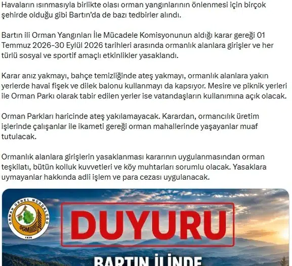 Bartın'da ormanlara giriş yasakları başlıyor