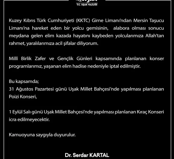 Uşak'ta eğlenceye yas ilan edildi: Konserler iptal edildi