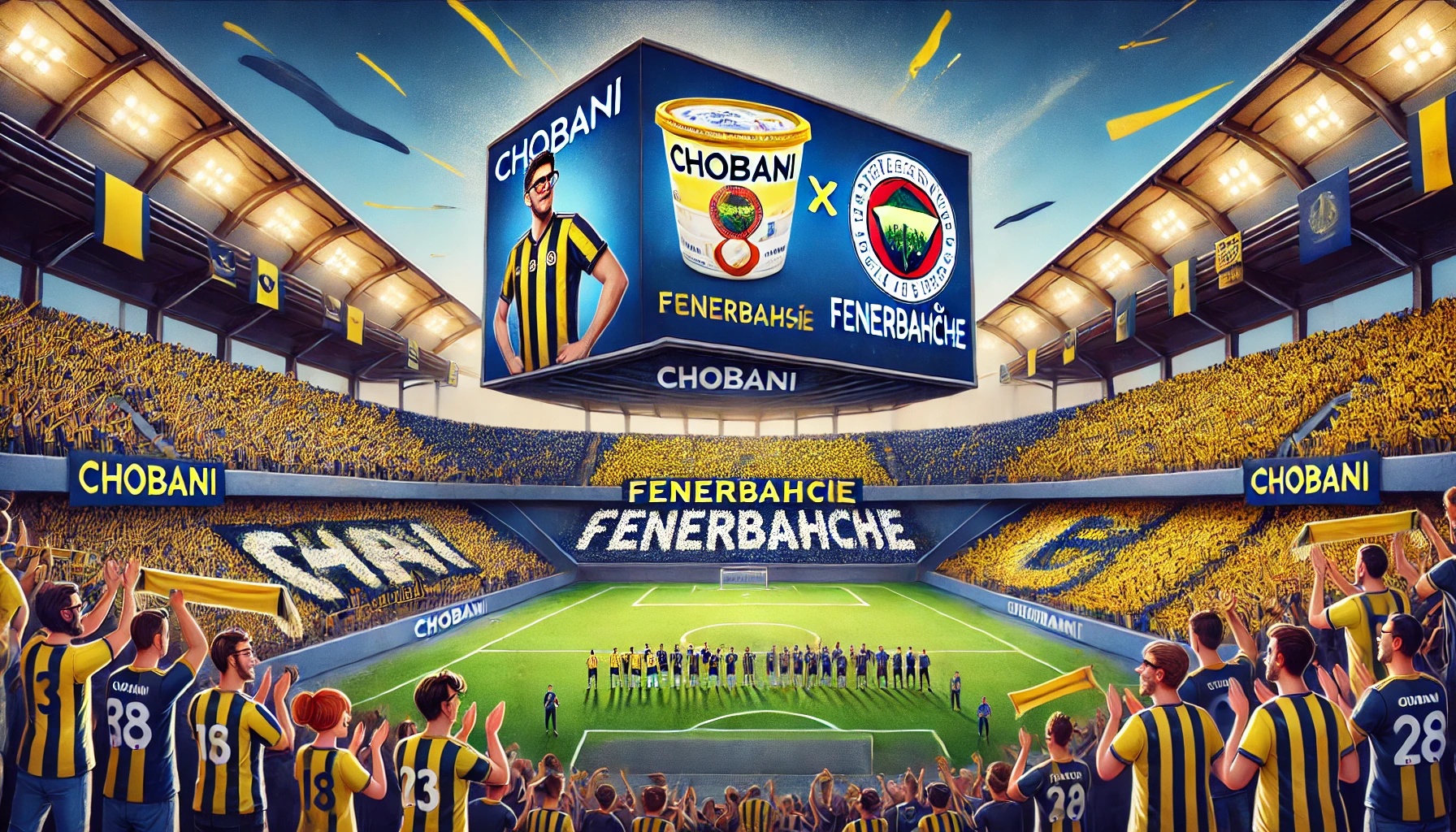 Dall·e 2025 04 18 12.37.35 An Artistic Illustration Of A Sponsorship Announcement Between Chobani And The Turkish Football Club Fenerbahçe. The Scene Includes A Vibrant Football