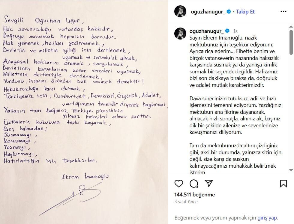İmamoğlu’ndan Oğuzhan Uğur’a Destek Mektubu