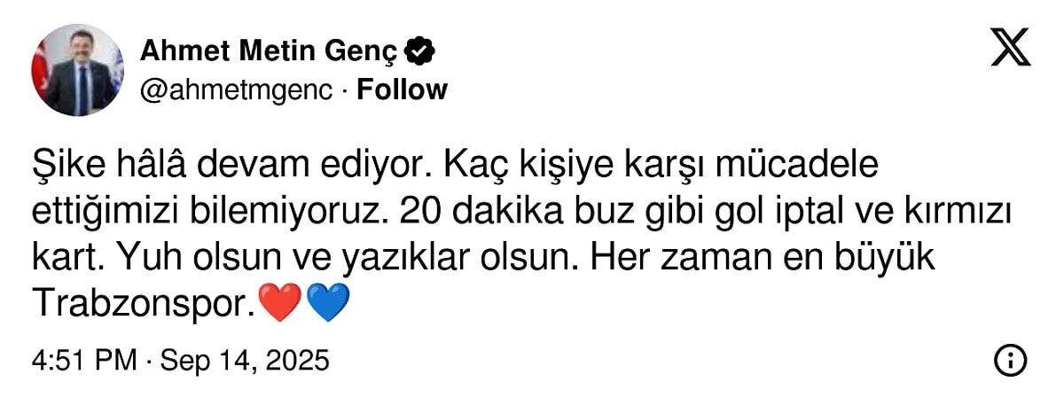Trabzon Büyükşehir Belediye Başkanı’ndan Fenerbahçe Maçında Tartışma Yaratan Tweet