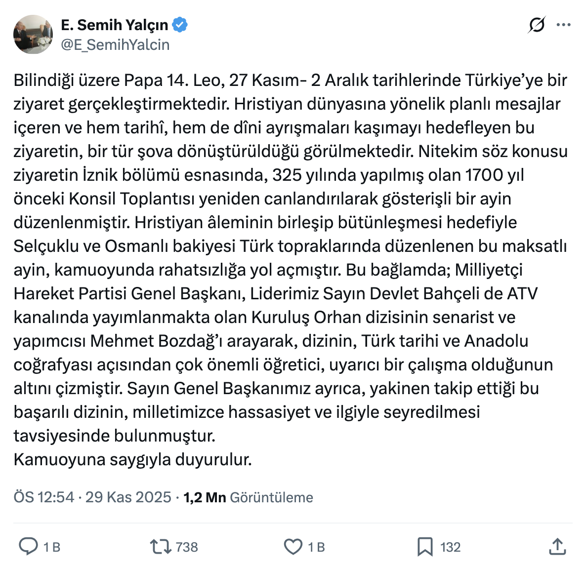 Papa'nın İstanbul Ziyaretine Mhp'den Tepki Ziyaret Şova Dönüştü 2025 11 30 17.22.06