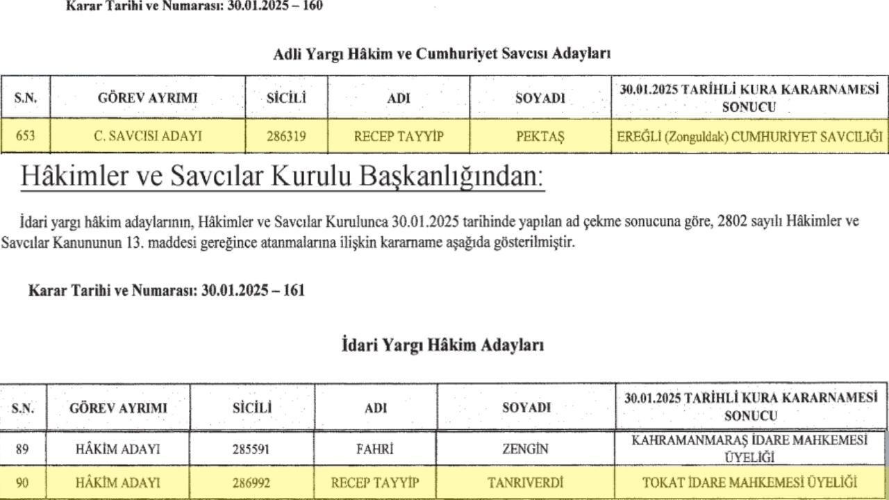 Recep Tayyip Tanrıverdi Tokat İdare Mahkemesi Atama Resmi Gazete Görüntüsü