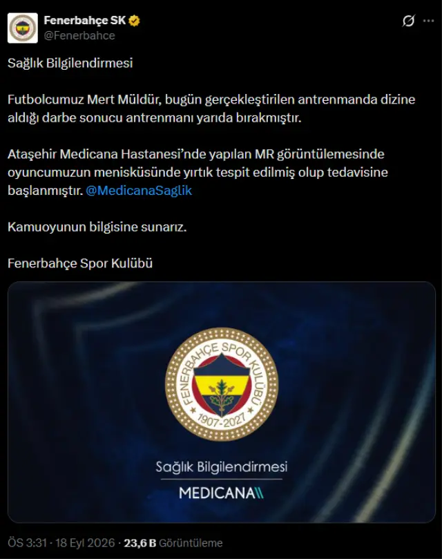 Fenerbahçe'de yıldız futbolcunun menisküsü yırtıldı