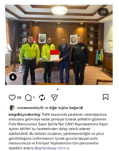 İnegöl'de vicdan nöbeti: Yaralı genci yağmurdan koruyan polise onur belgesi