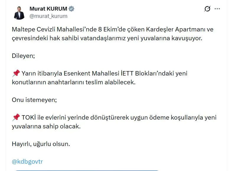Maltepe'deki göçük mağdurlarına devletten rekor sürede yeni yuva müjdesi