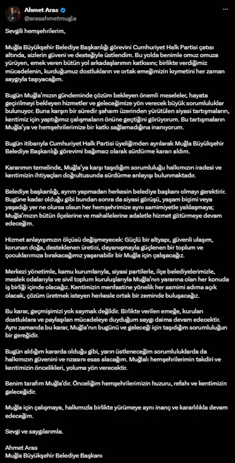 Muğla'da Siyasi Deprem: Ahmet Aras CHP ile Yollarını Ayırıp Bağımsızlığa Geçti