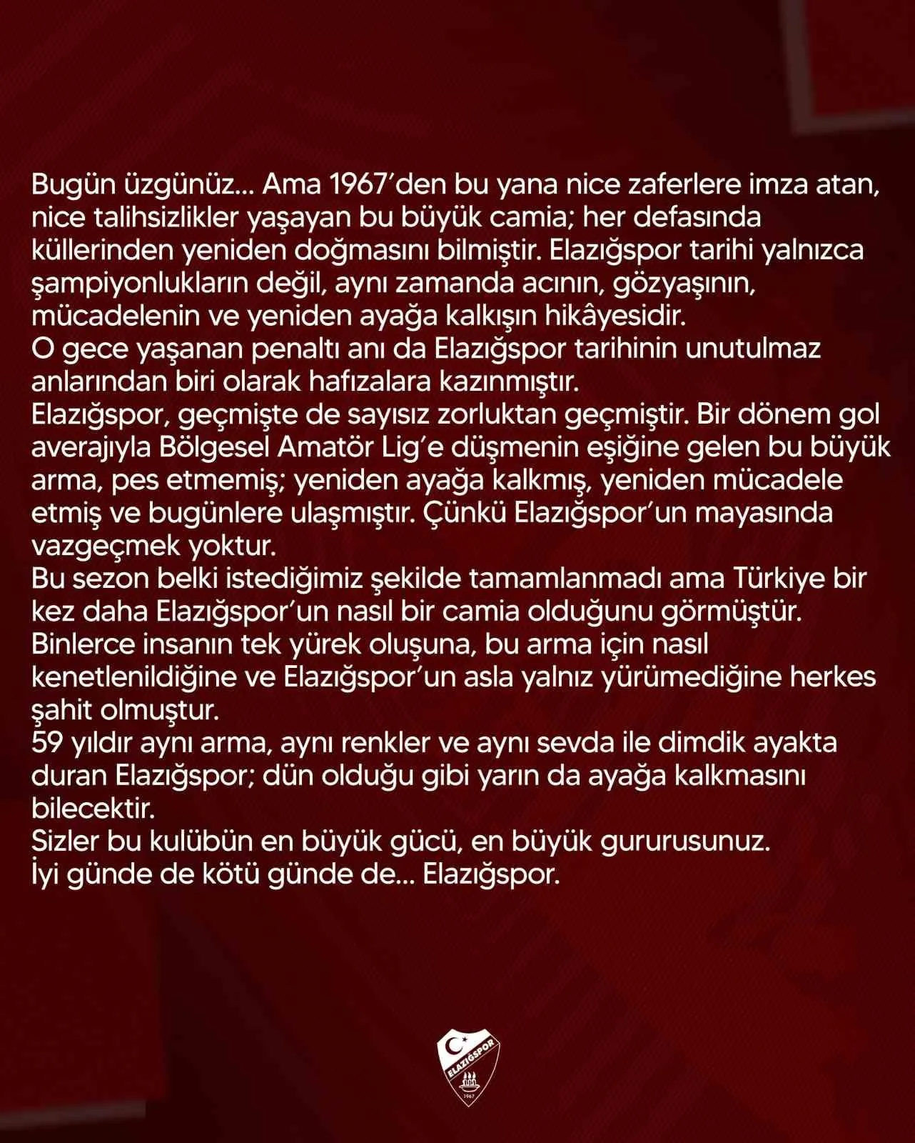 ELAZIĞSPOR'DAN GÜNLER SONRA AÇIKLAMA