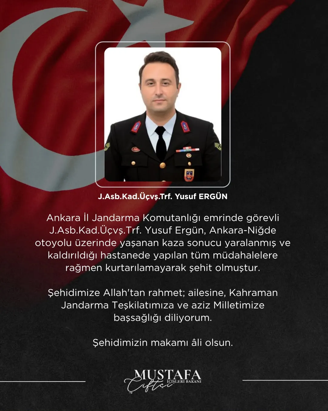 Otoyolda görev başındaki astsubay otomobilin çarpması sonucu şehit oldu