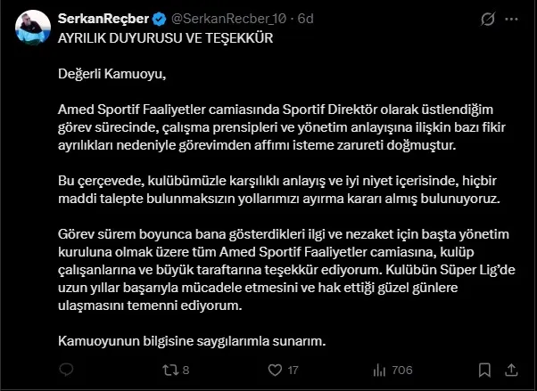 Amedspor'da sportif direktör Serkan Reçber görevinden ayrıldı