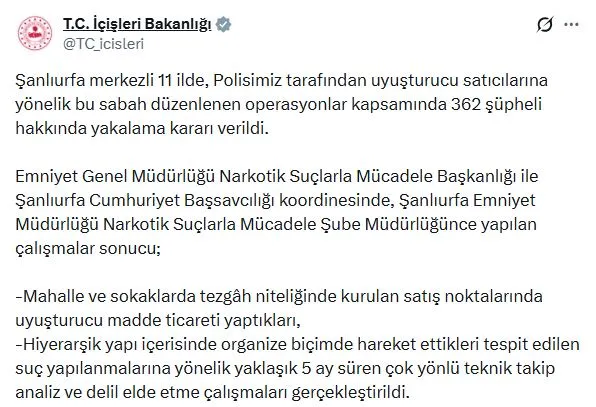 Şanlıurfa merkezli 11 ilde dev narkotik operasyonu başladı