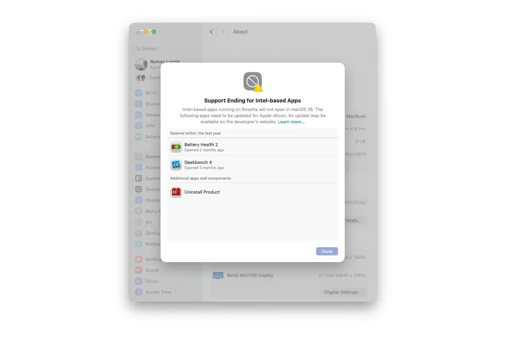 macOS 27 intel uygulamaları uyarı
