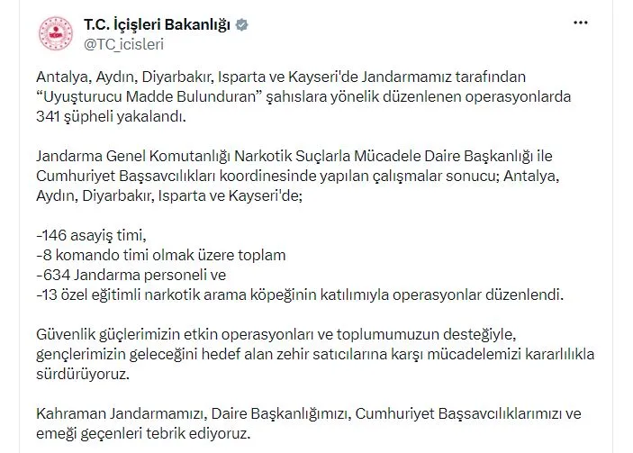 Jandarma beş şehirde düğmeye bastı 341 kişi gözaltına alındı