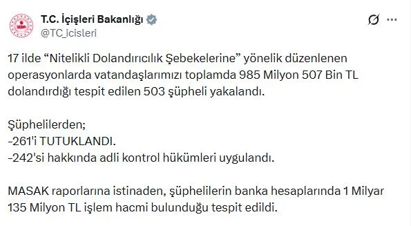Dolandırıcı çetelerine dev operasyon 261 kişi cezaevine gönderildi