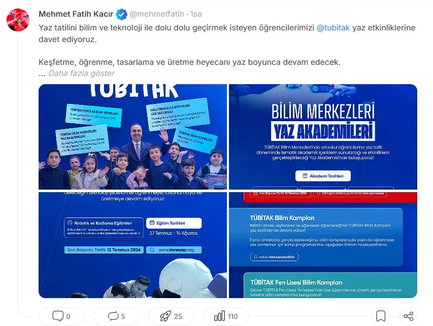 Bakan Kacır gençleri bilimle dolu bir yaza çağırıyor
