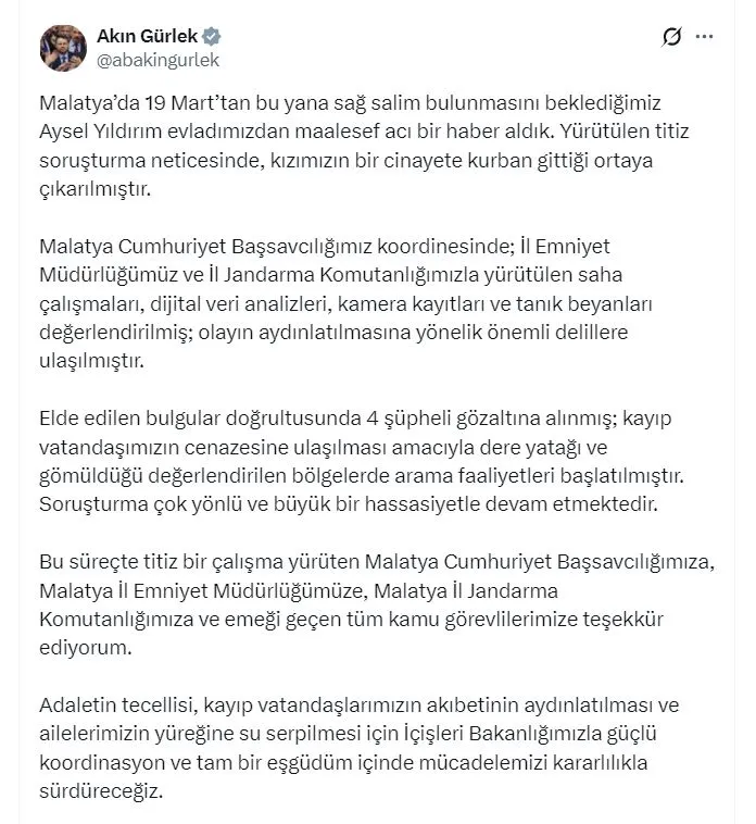 Malatya'da üç aydır kayıp olan Aysel Yıldırım cinayete kurban gitti