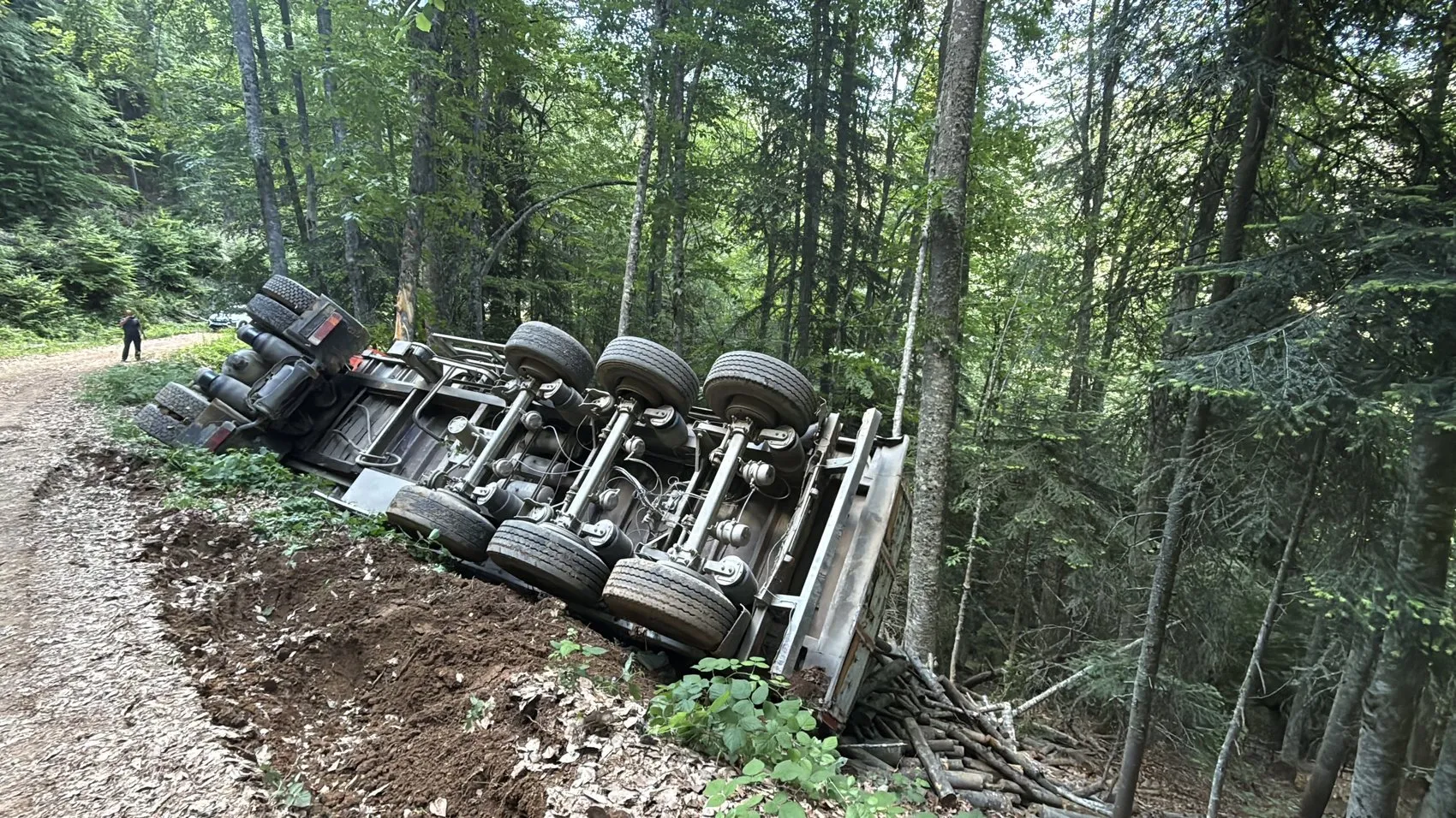 Karabük orman yolunda odun yüklü TIR devrildi