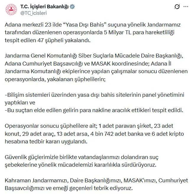 Yasa dışı bahis şebekesine 23 ilde büyük darbe