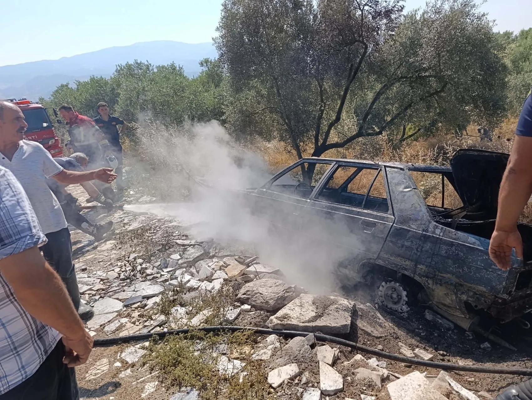 Aydın'da bir sürücü otomobilindeki yangını ormana sıçramadan durdurdu