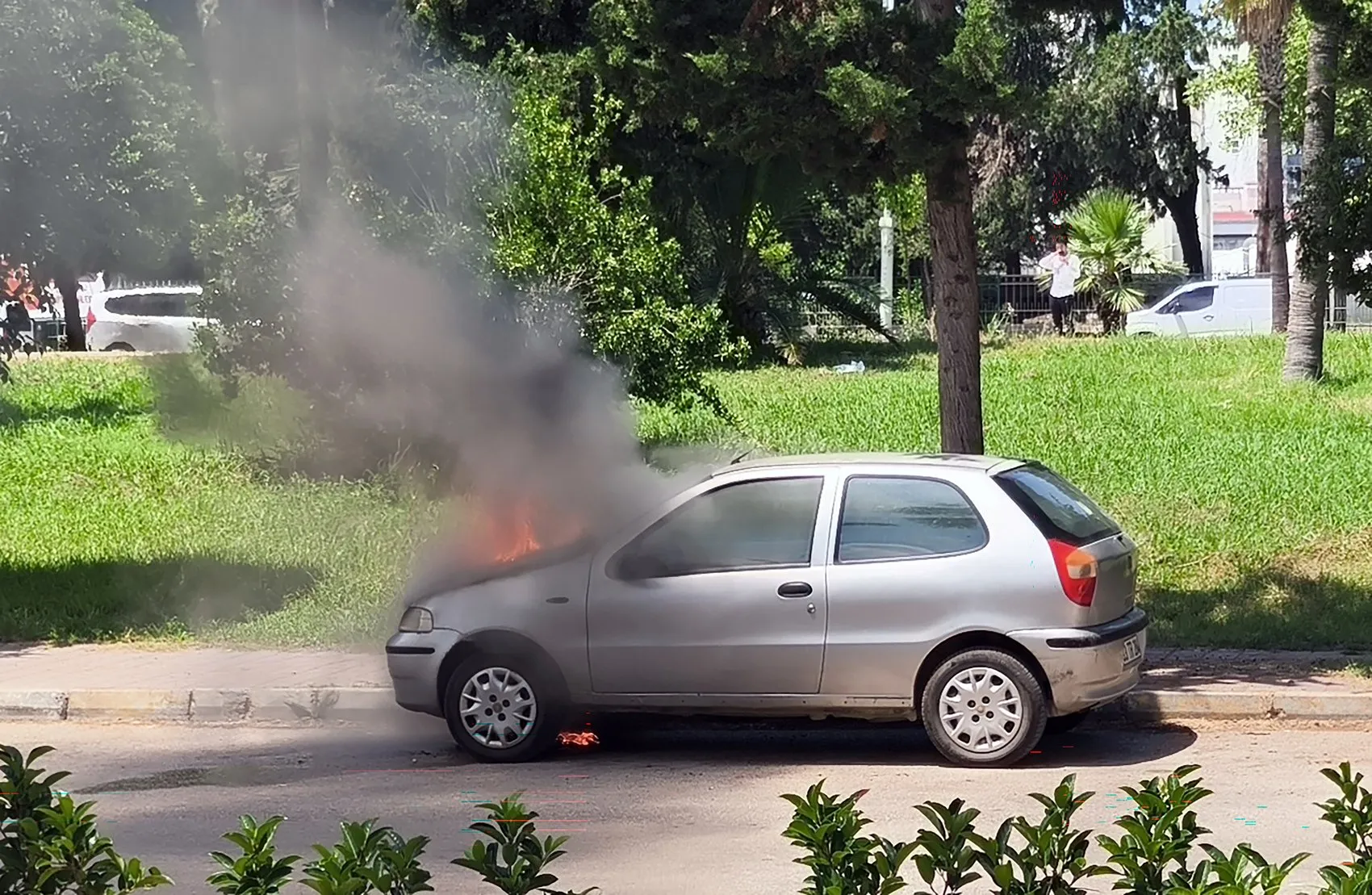 Adana'da park halindeki araç alev topuna döndü
