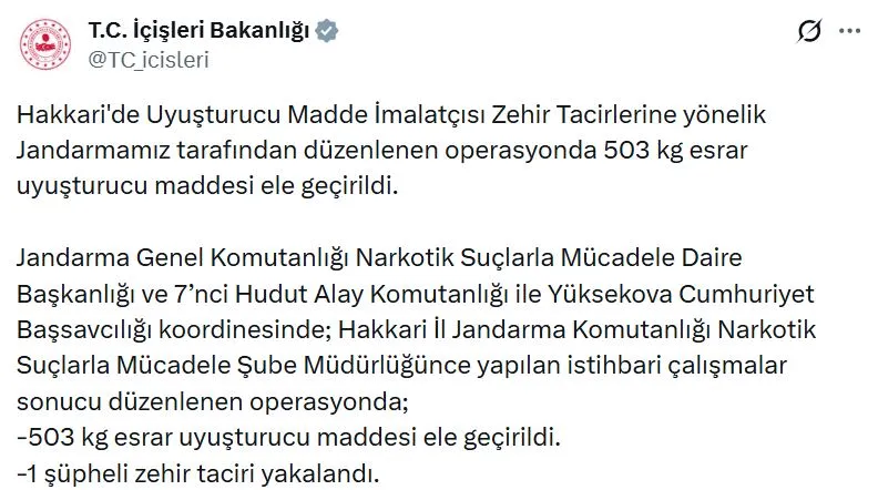Hakkari sınırında yarım ton uyuşturucu operasyonu