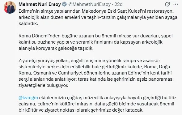 Edirne’nin tarihi Makedonya Saat Kulesi kapılarını yeniden açtı