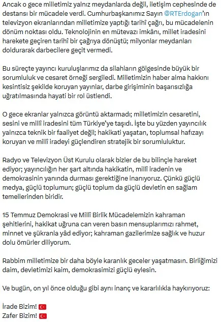 RTÜK Başkanı 15 Temmuz gecesi medyanın kritik rolüne dikkat çekti