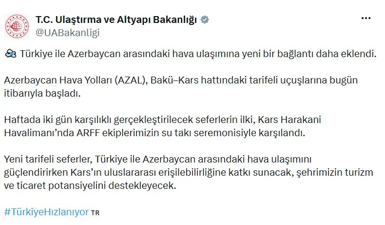 Bakü ile Kars arasında uçuş dönemi başladı
