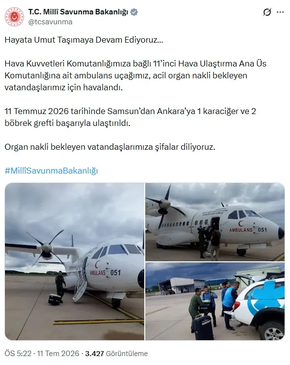 Samsun'dan Ankara'ya organ nakli için hava köprüsü kuruldu